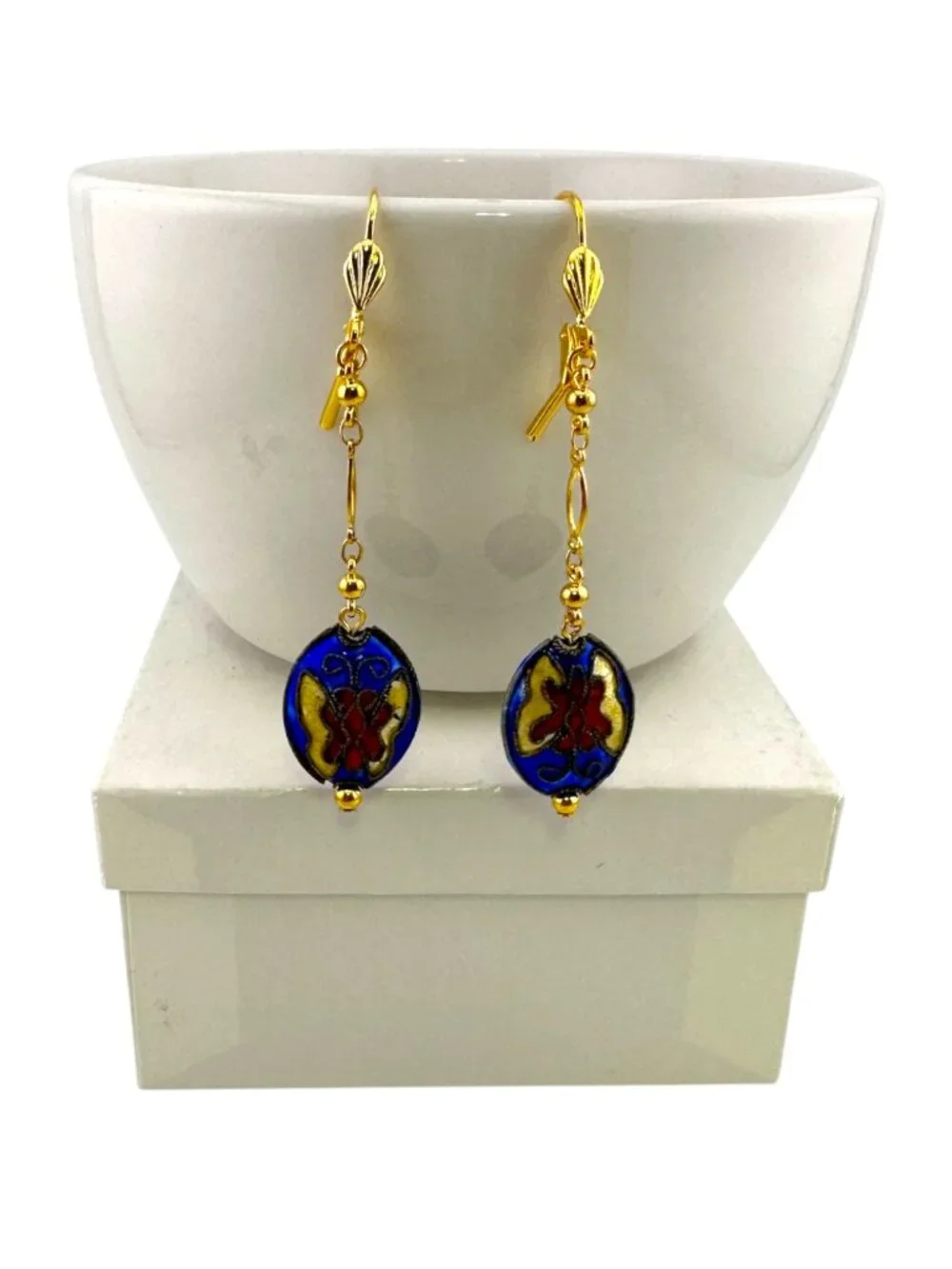 Blue Cloisonné Floral Butterfly Dangle Earrings Gold Leverback 2.75